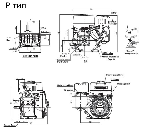 Схемы и габаритные размеры двигателя Mitsubishi GT-600